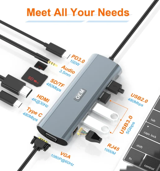 Hub USB-C 12 em 1 Áudio SD TF USB2.0 C Docking Station 2 HDMI VGA RJ45 Gigabit Network Pd Tipo-C Hub USB